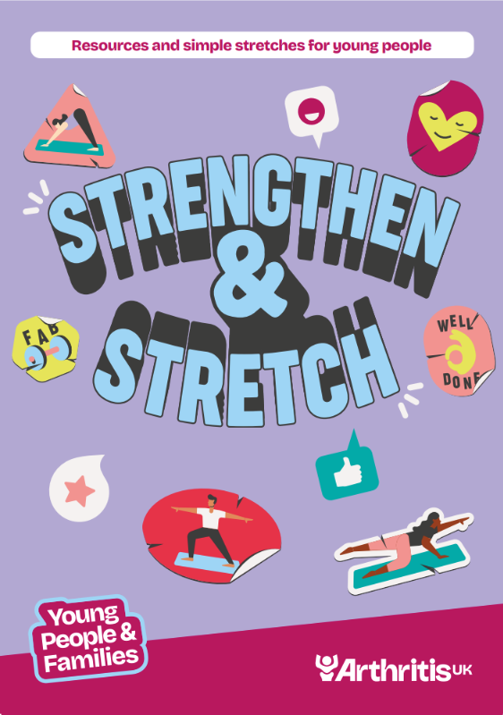 Front cover of the Arthritis UK "STRENGTHEN & STRETCH" booklet with the subtitle "Resources and simple stretches for young people." The cover is purple with large stylized title text, small illustrated exercise and wellness icons, and the Arthritis UK logo at the bottom right.