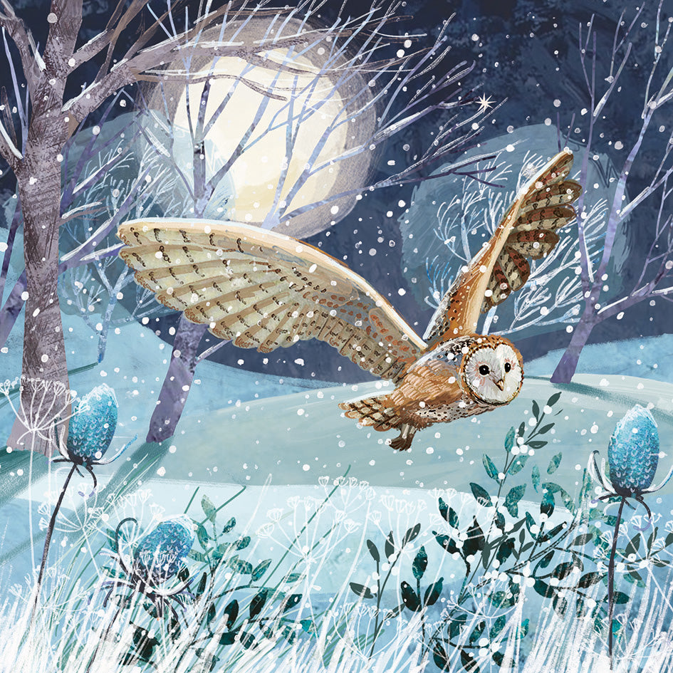 Front cover of the Arthritis UK Christmas Card 'Swooping Owl' featuring a barn owl flying through a frosty and snow covers moonlit forest.  