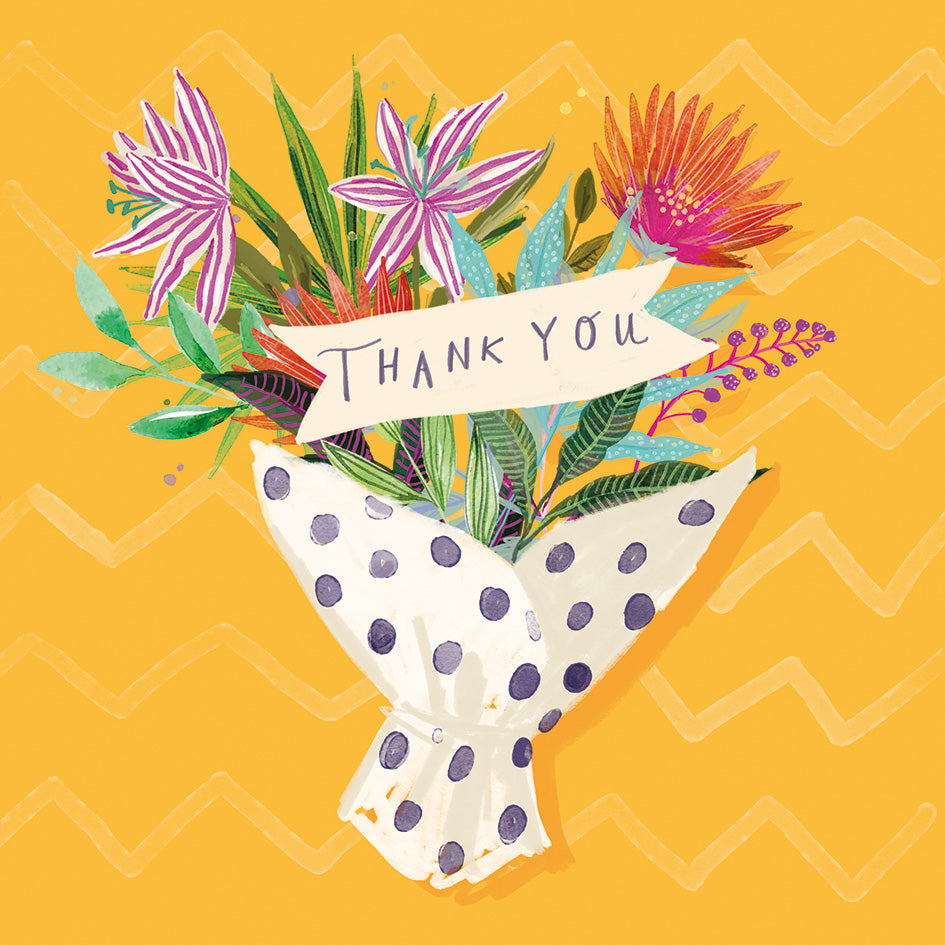 A thank-you bouquet illustration with pink and orange flowers, green leaves, and a cream ribbon reading “THANK YOU,” wrapped in white paper with dark purple polka dots against a yellow chevron background.