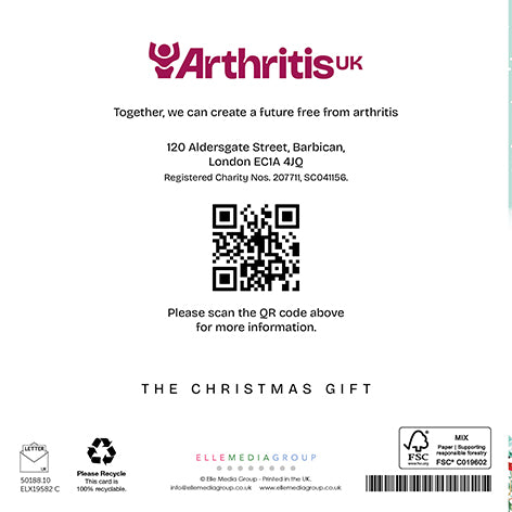 Back cover Arthritis UK Christmas card, including the phrase 'Together, we can create a future free from arthritis' and a QR code linking to arthritis-uk.org.