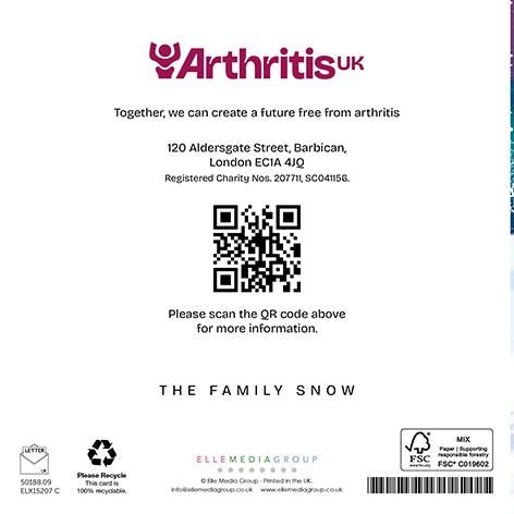 Back cover Arthritis UK Christmas card, including the phrase 'Together, we can create a future free from arthritis' and a QR code linking to arthritis-uk.org.