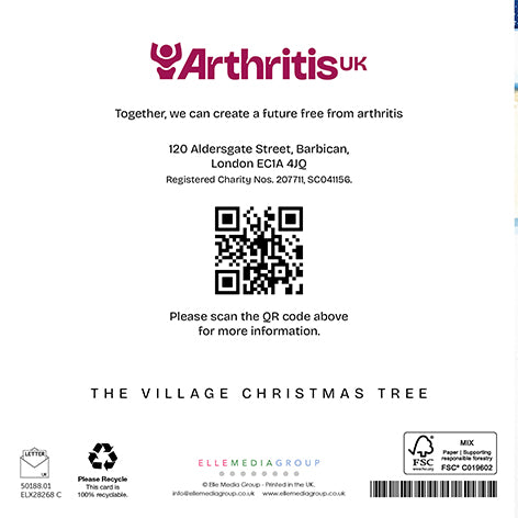 Back cover Arthritis UK Christmas card, including the phrase 'Together, we can create a future free from arthritis' and a QR code linking to arthritis-uk.org.