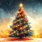 Front cover of the Arthritis UK Christmas Card 'Traditional Tree' featuring a heavily decorated Christmas Tree against a watercolour background.