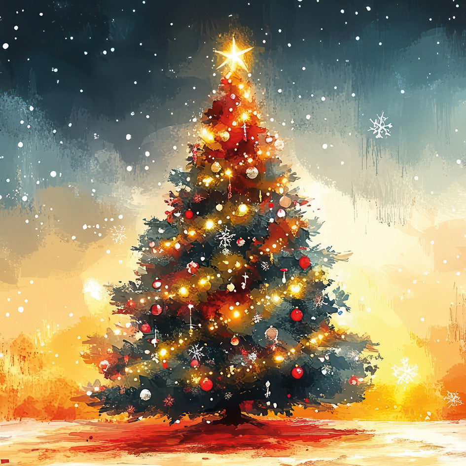 Front cover of the Arthritis UK Christmas Card 'Traditional Tree' featuring a heavily decorated Christmas Tree against a watercolour background.