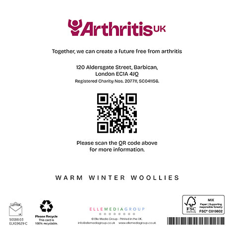 Back cover Arthritis UK Christmas card, including the phrase 'Together, we can create a future free from arthritis' and a QR code linking to arthritis-uk.org.