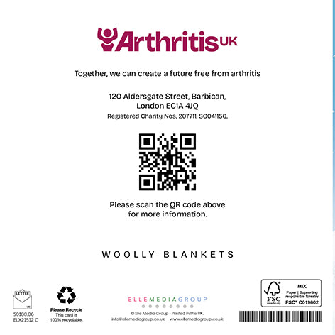 Back cover Arthritis UK Christmas card, including the phrase 'Together, we can create a future free from arthritis' and a QR code linking to arthritis-uk.org.