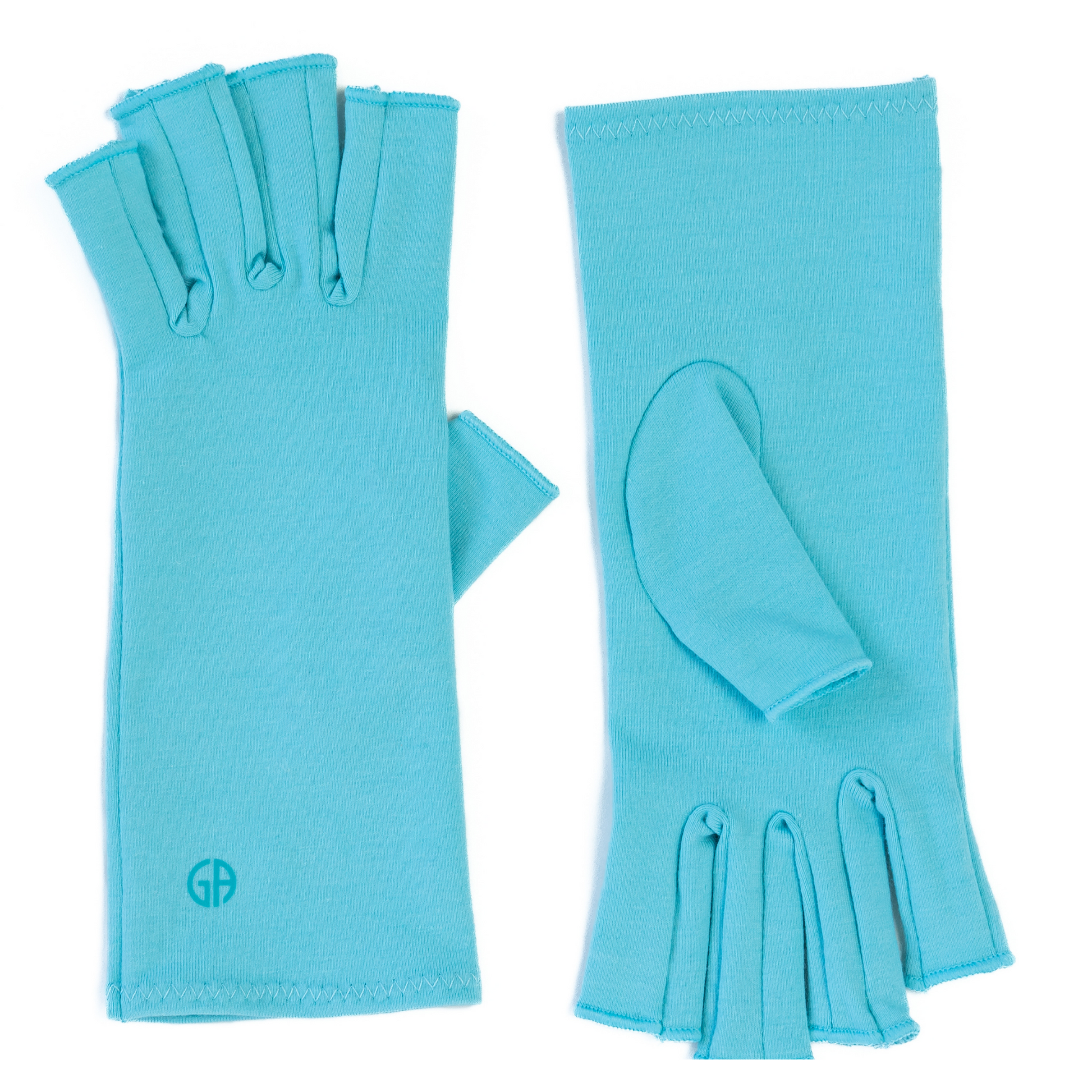 Grace and Able compression gloves in aqua blue, shown as a flat lay displaying the front and back of the gloves