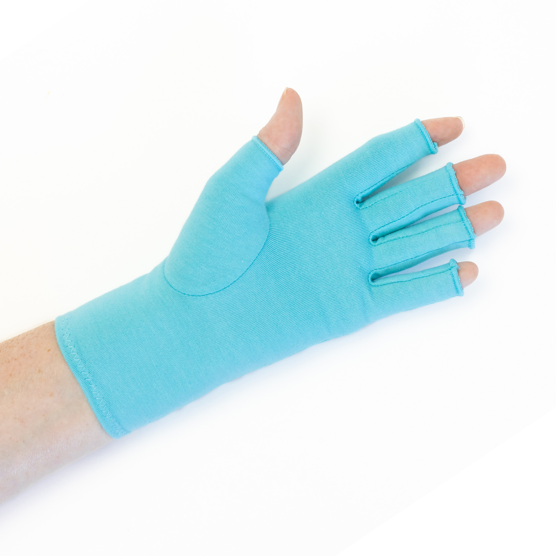 Grace and Able compression gloves in aqua blue, shown worn on a hand