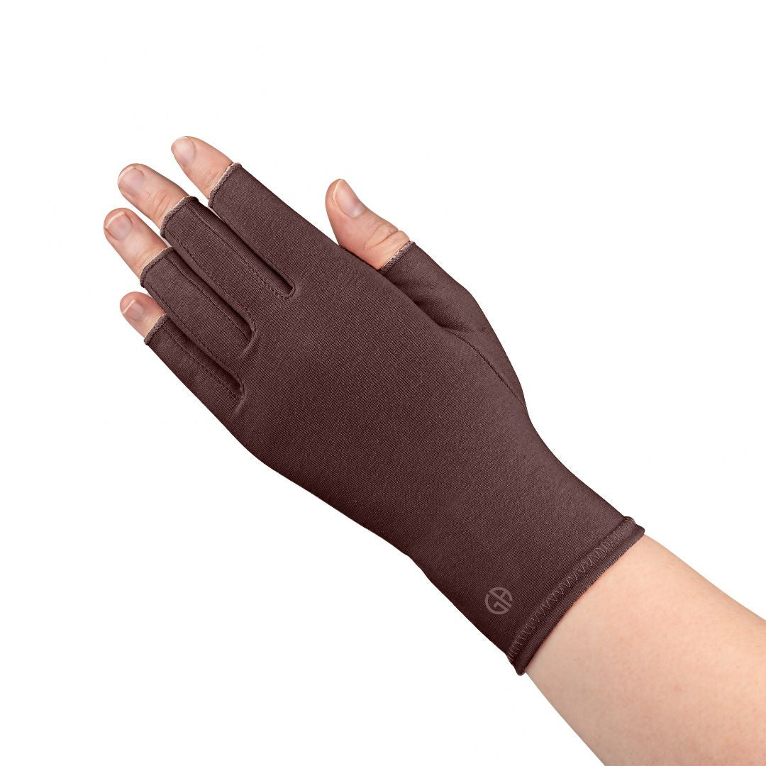 Grace and Able skin tones compression gloves in chocolate brown being worn. 