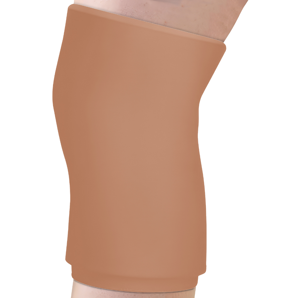 Cooling knee pain sleeve designed to reduce swelling in cinnamon brown skin tone.