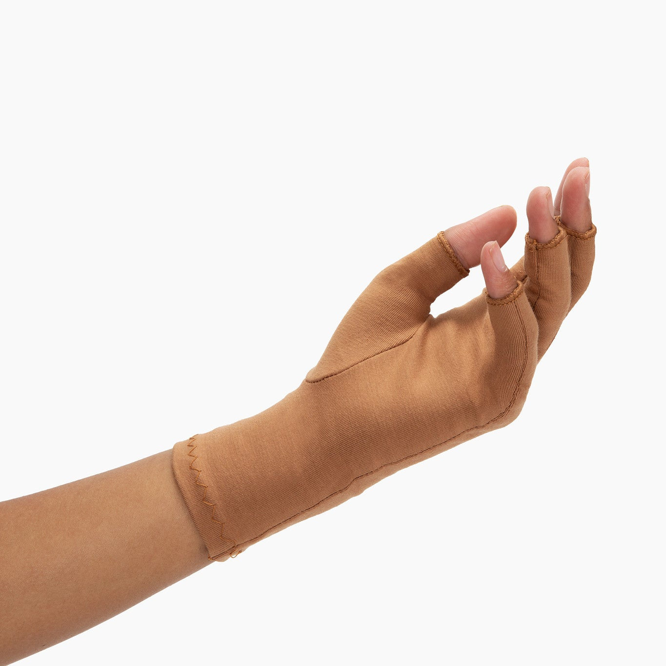Hand wearing Grace and Able cinnamon brown compression glove
