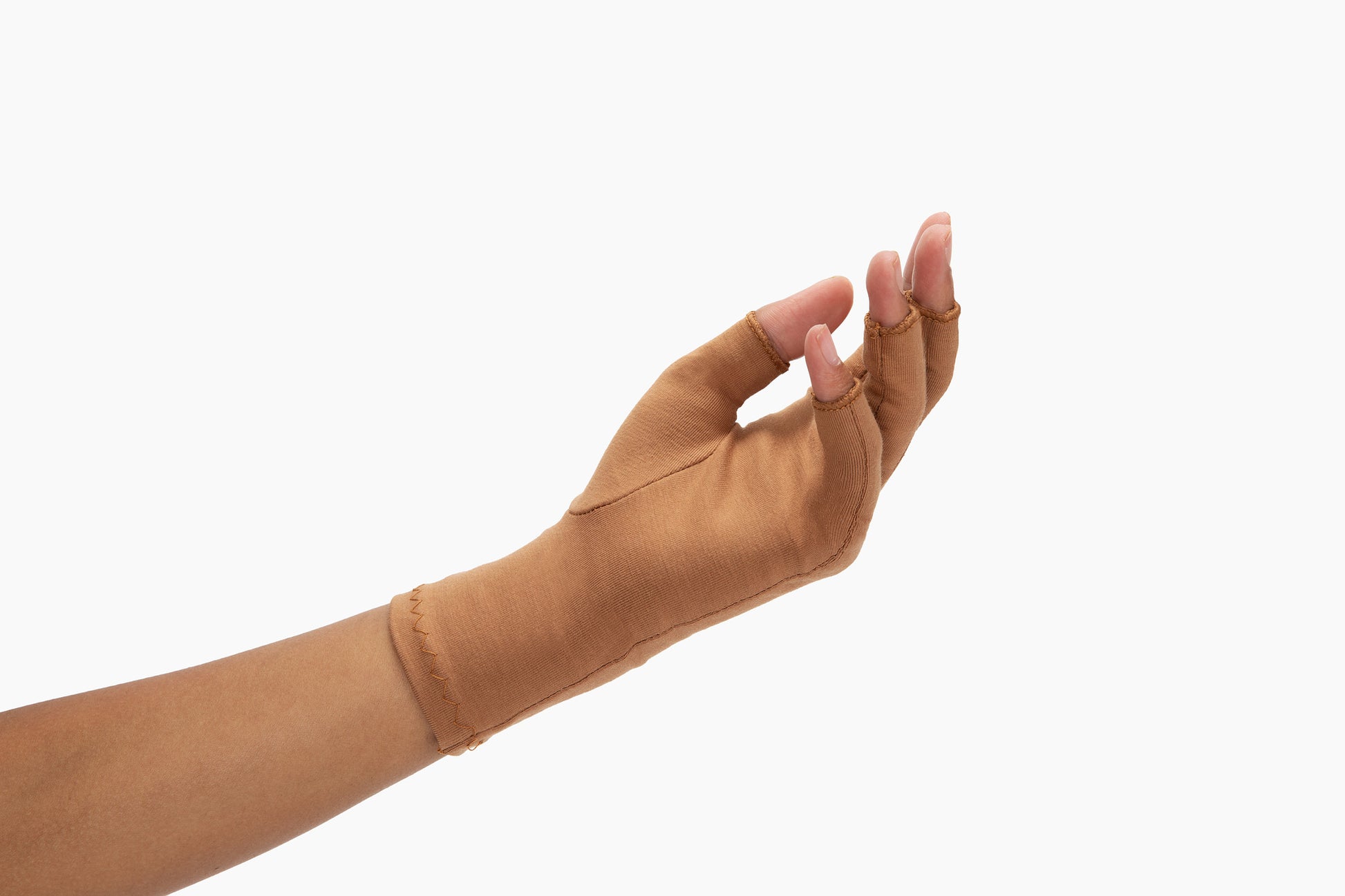 Hand wearing Grace and Able cinnamon brown compression glove