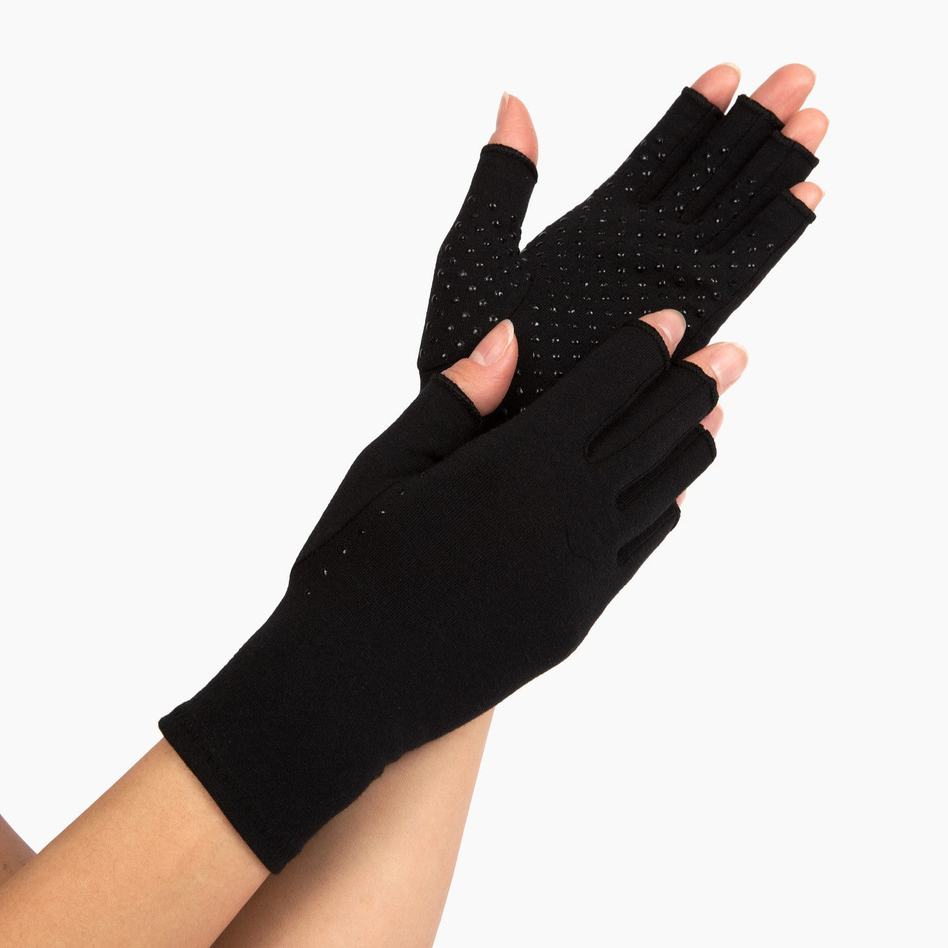 Extra grip compression gloves with silicone dots for arthritis and carpal tunnel in classic black. 