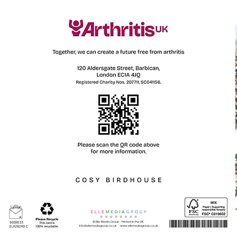 Back cover Arthritis UK Christmas card, including the phrase 'Together, we can create a future free from arthritis' and a QR code linking to arthritis-uk.org.