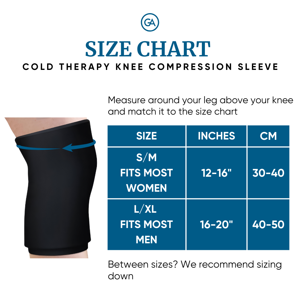 Size chart for a cold therapy knee compression sleeve with measurement guide and GA logo.