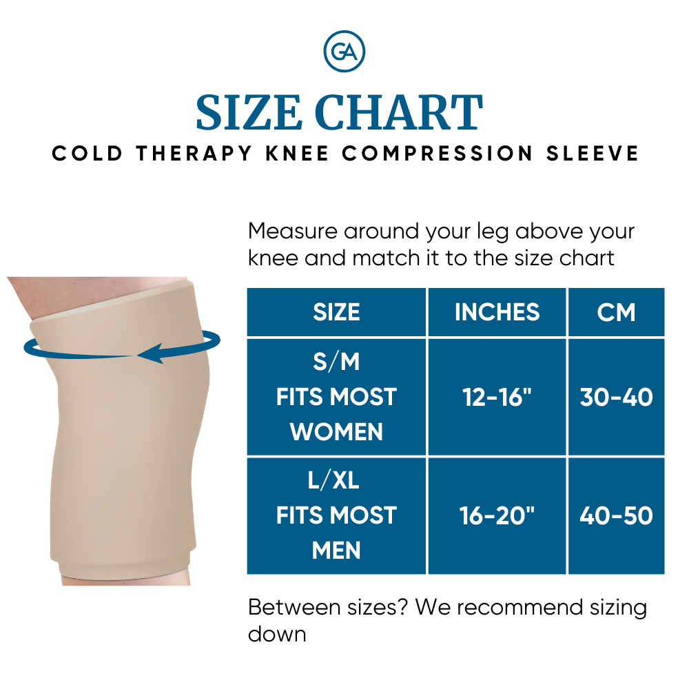 Grace and able cooling compression sleeve for knee pain in  latte beige with size chart.