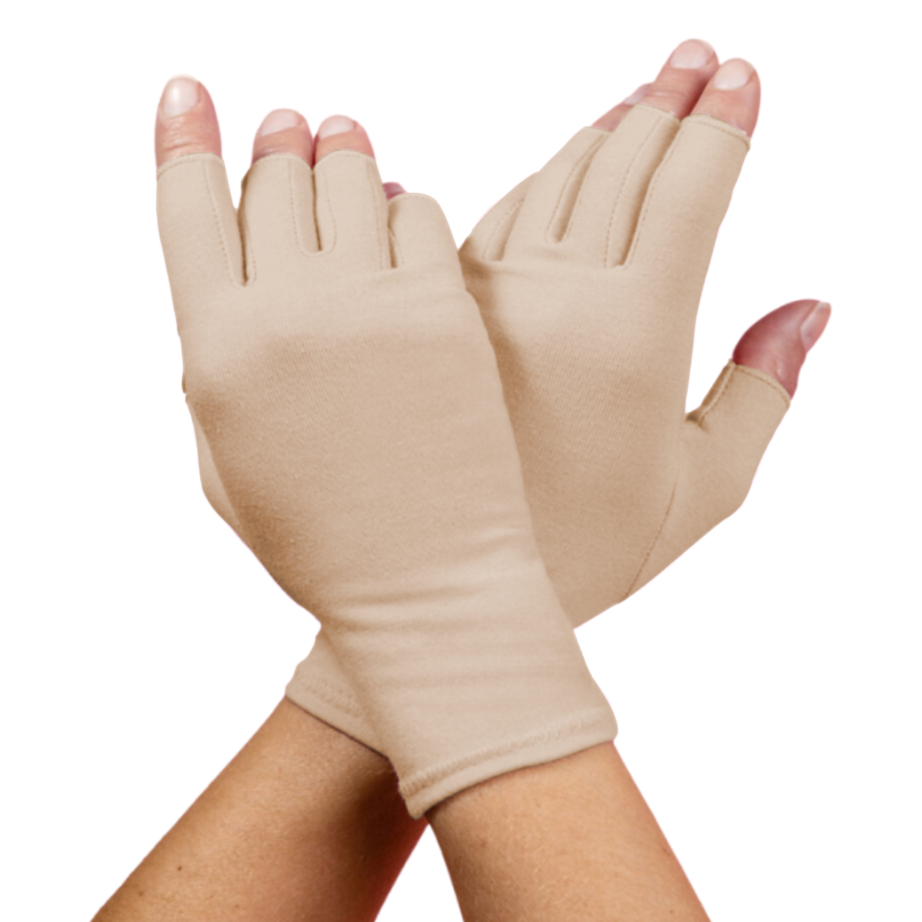 Grace and Able compression gloves in latte beige being worn.
