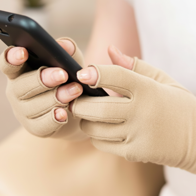 Grace and Able skin tones compression gloves in latte beige being worn whilst using a phone.