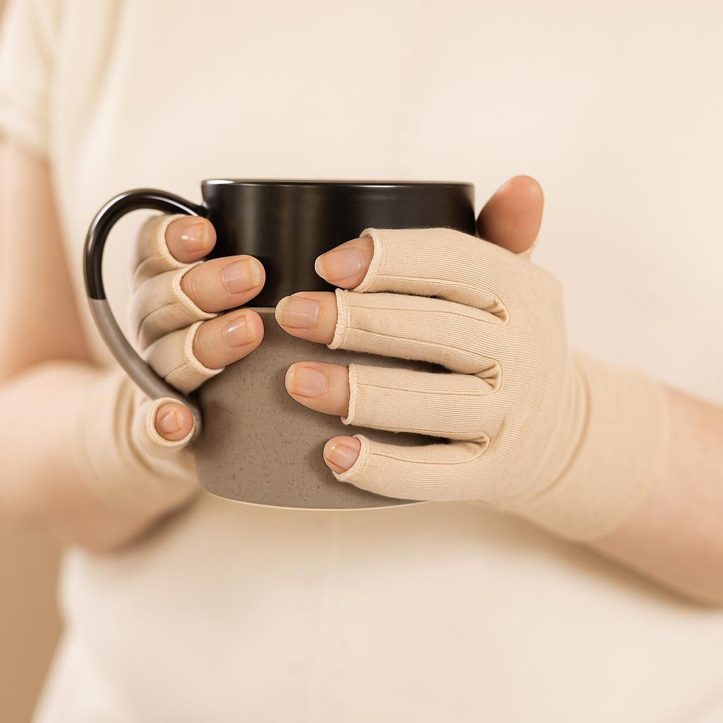 Grace and Able skin tones compression gloves in latte beige being worn by someone holding a mug. 