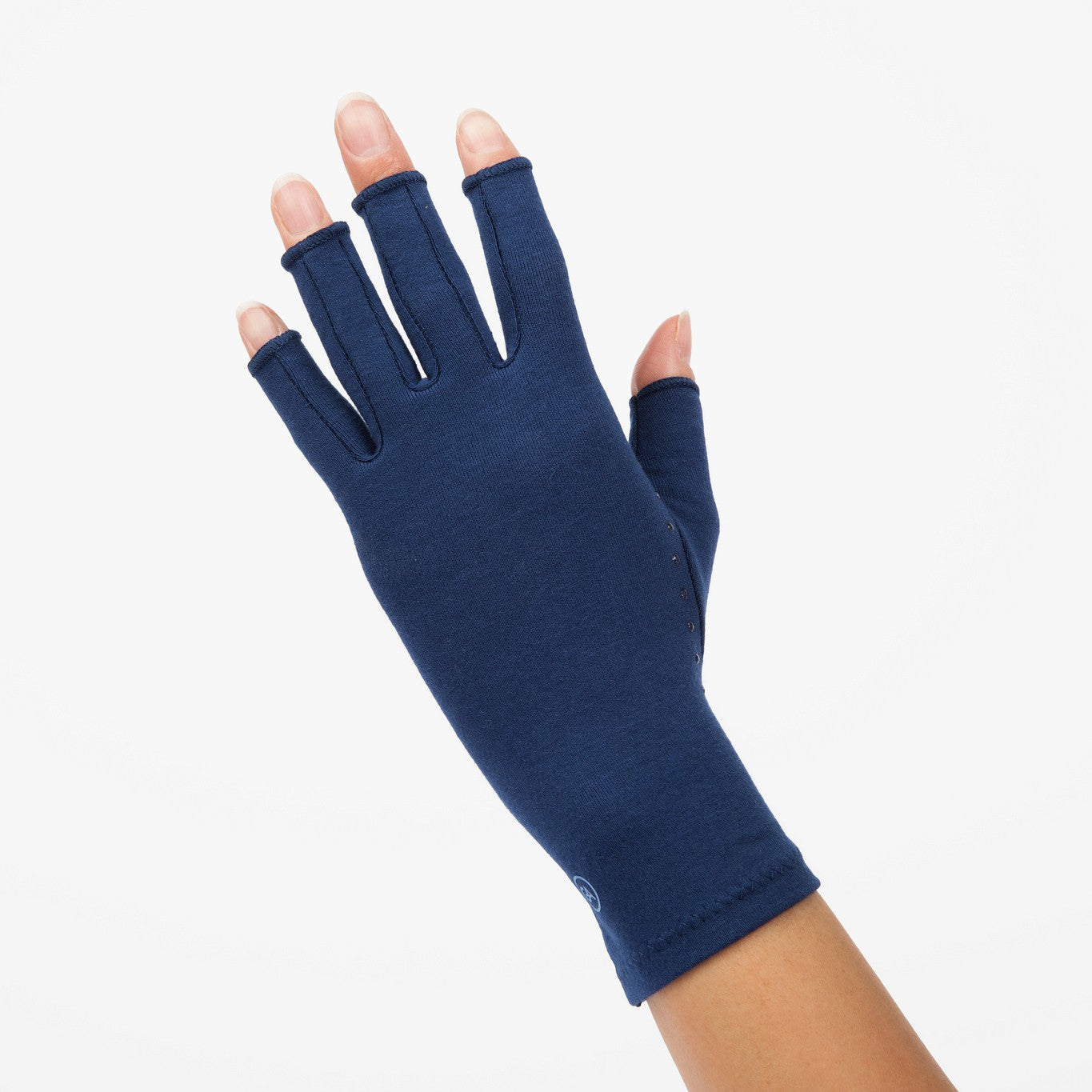 Extra grip compression gloves for hand and wrist pain in marine blue.