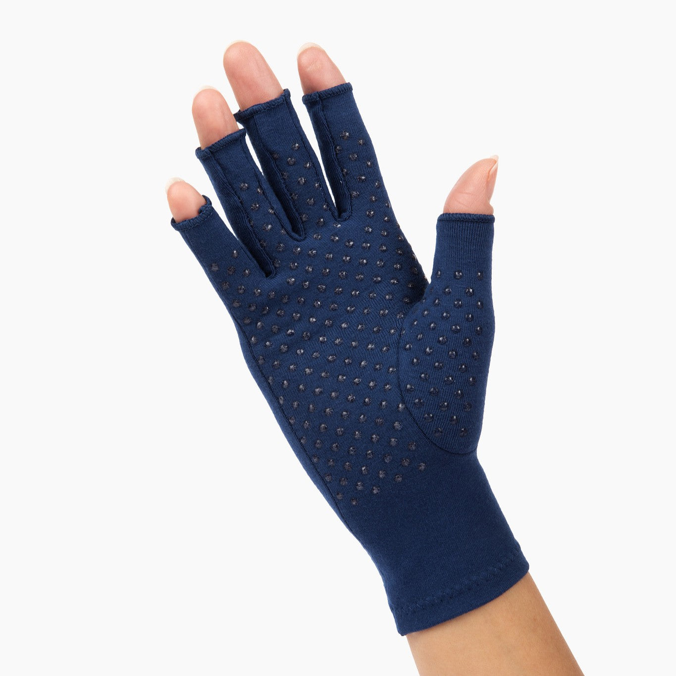 Extra grip compression gloves with silicone dots for arthritis and carpal tunnel in marine blue.