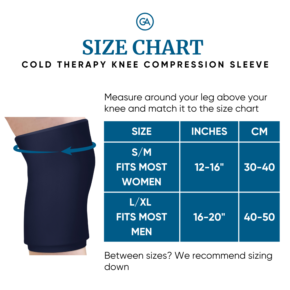 Grace and able cooling compression sleeve for knee pain in midnight blue with size chart.
