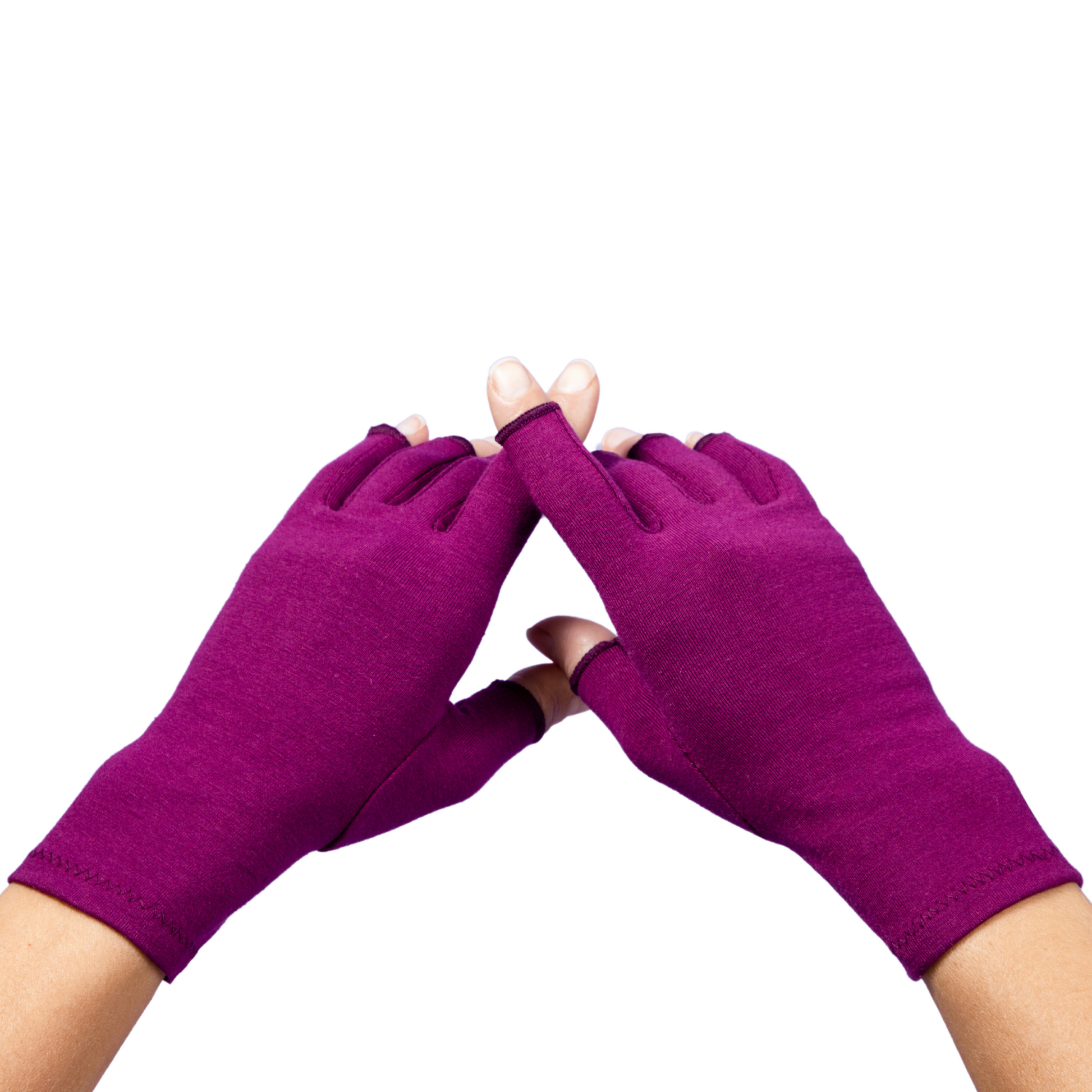 Compression gloves for osteoarthritis in plum purple, shown being worn on hands as a pair. 