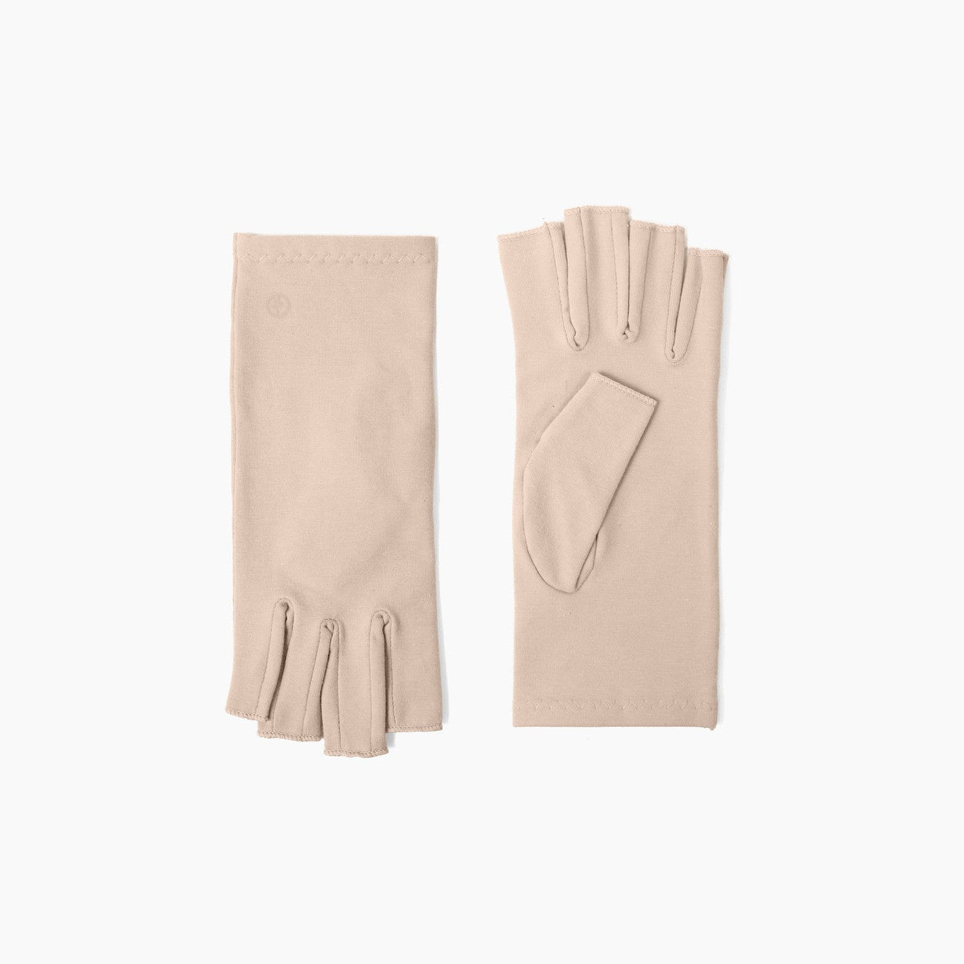Sandy beige compression glove flatlay showing the front and back of each glove