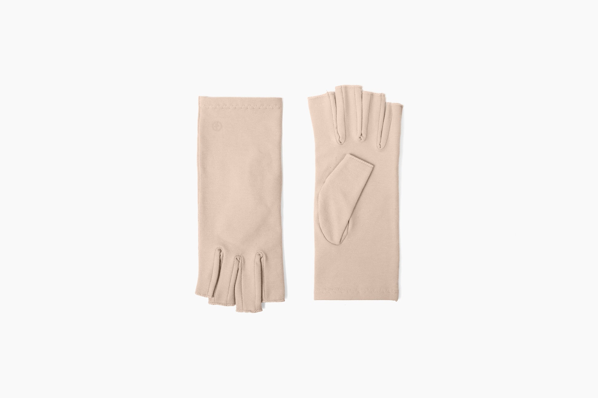 Sandy beige compression glove flatlay showing the front and back of each glove