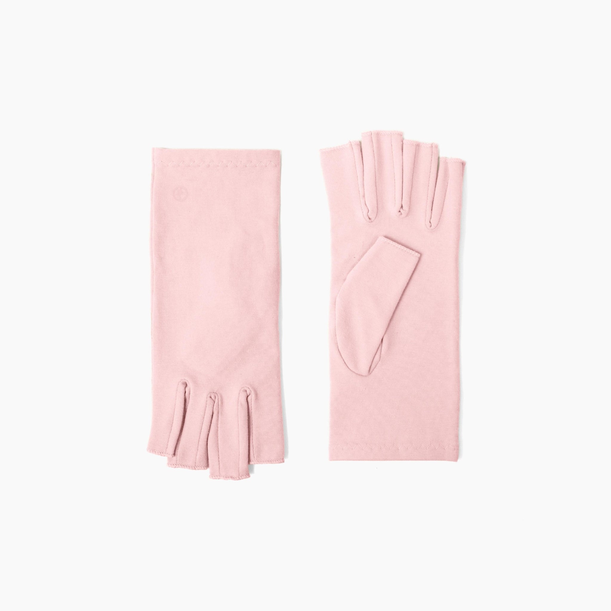 Grace and Able tickled pink compression gloves flatlay showing the back and front of the gloves