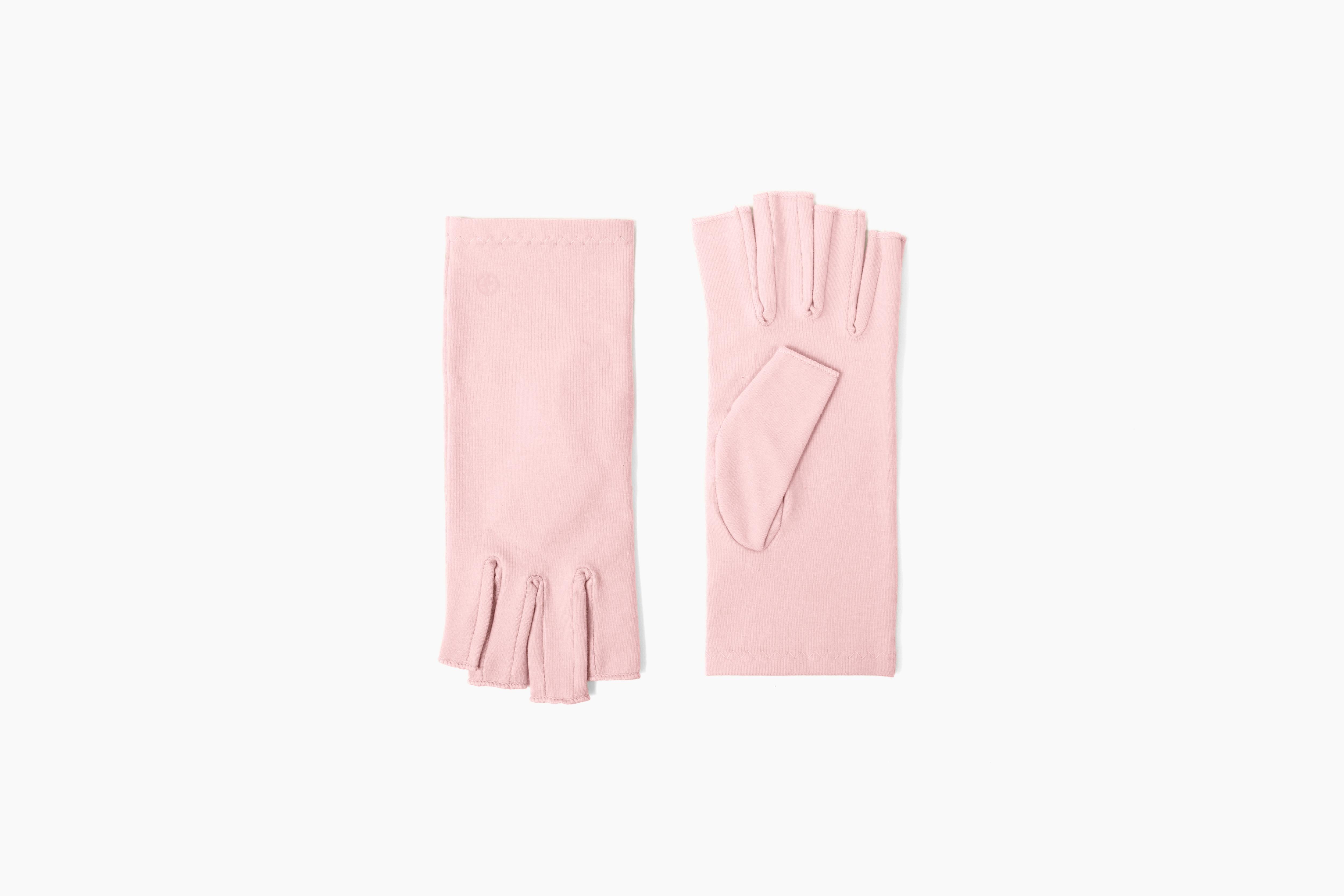 Grace and Able tickled pink compression gloves flatlay showing the back and front of the gloves